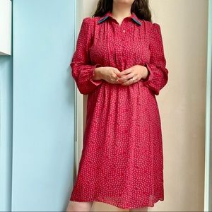 VINTAGE 70’s Long Sleeve Chiffon Button Down Butterfly Pattern Red Midi Dress